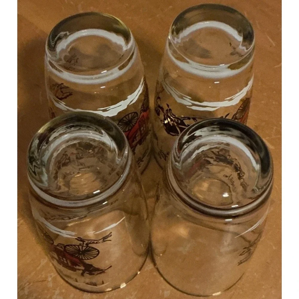 Vintage 1950s Libbey Stagecoach Horses Christmas Glasses, Set Of‎ 4, Gold Rim